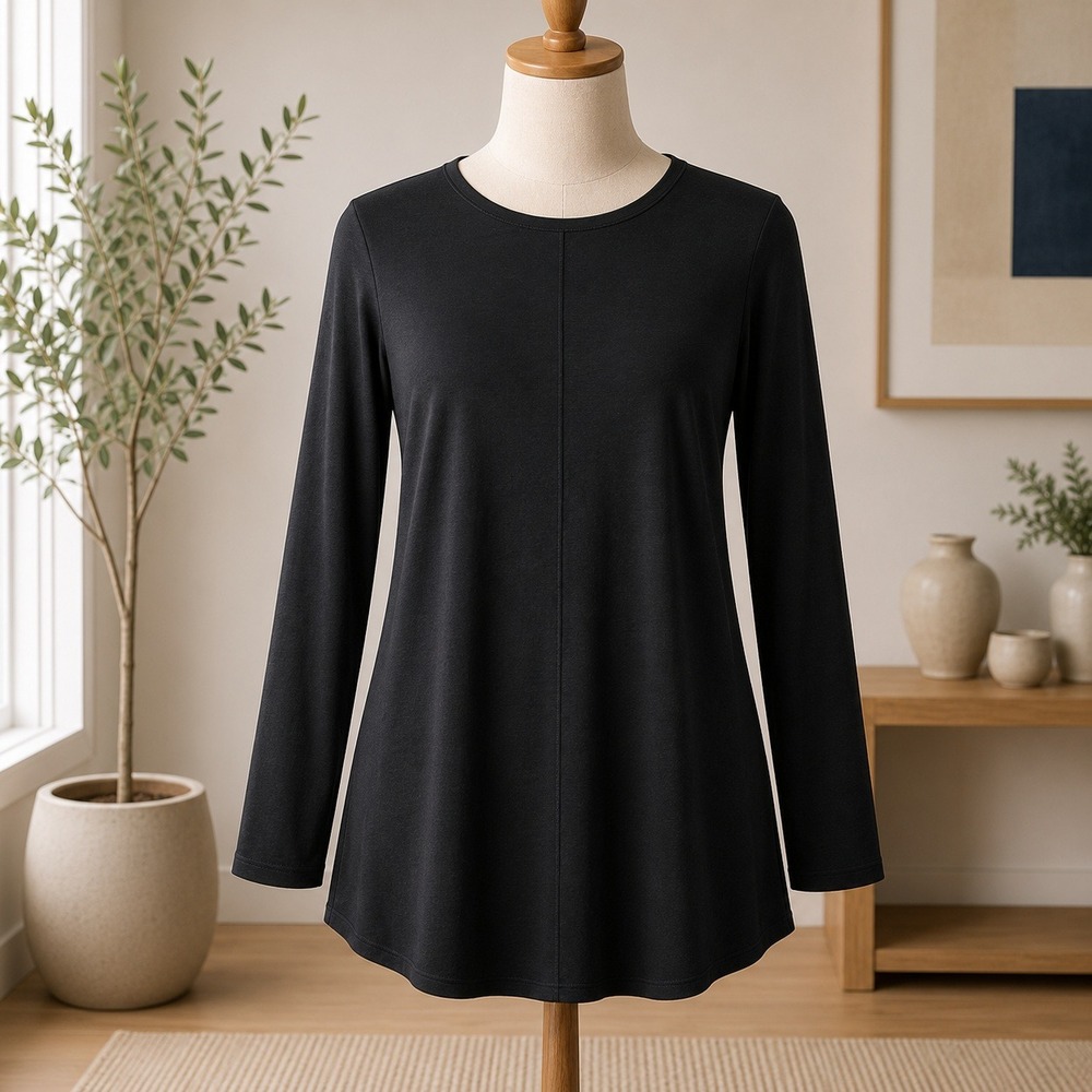 D&Co Long Sleeve Top Womens XL Black Crew Neck Center Seam Jersey Knit Tunic